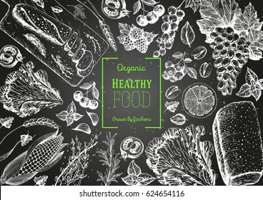 Healthy food frame vector illustration. Vegetables, fruits, bread, berries hand drawn. Organic food set. Vegetarian food collection