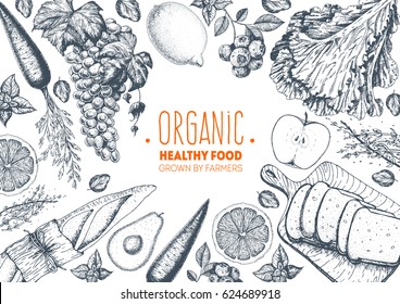 Healthy food frame vector illustration. Vegetables, fruits, bread hand drawn. Organic food set. Vegetarian food collection