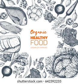 Healthy Food Frame Vector Illustration. Vegetables, Berries, Meat, Fish Hand Drawn. Organic Food Set.