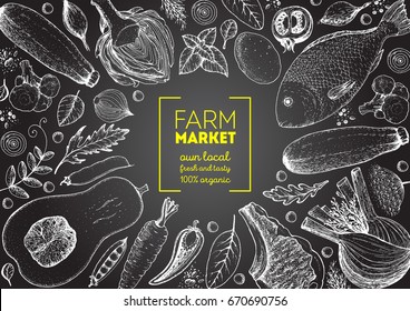 Healthy food frame vector illustration. Vegetables, fruits, meat and fish hand drawn. Organic products set. Farm market food collection