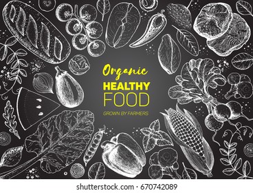 Healthy food frame vector illustration. Vegetables, meat and fish hand drawn. Organic products set. Farm market food collection