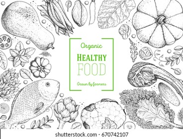 Healthy food frame vector illustration. Vegetables, meat and fish hand drawn. Organic products set. Farm market food collection