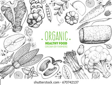 Healthy food frame vector illustration. Vegetables, meat and fish hand drawn. Organic products set. Farm market food collection