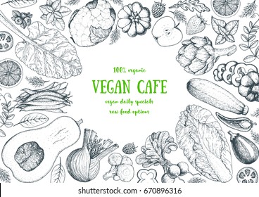 Healthy food frame vector illustration. Vegetable  drawn. Organic products set. Farm market food collection. Vegan food.