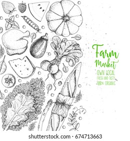 Healthy food frame vector illustration. Vegetables, meat and fish hand drawn. Organic products set. Farm market food collection