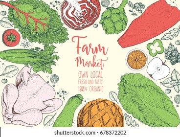 Healthy food frame vector illustration. Colorful vegetables, fruits, meat and fish hand drawn. Organic products set. Farm market food collection.