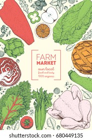 Healthy food frame vector illustration. Colorful vegetables, fruits, meat and fish hand drawn. Organic products set. Farm market food collection.