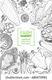 Healthy food frame vector illustration. Vegetables, fruits, meat and fish hand drawn. Organic products set. Farm market food collection.