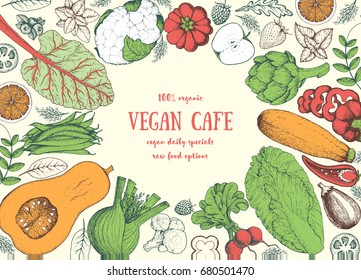 Healthy food frame vector illustration. Colorful vegetable drawn. Organic products set. Farm market food collection. Vegan food.