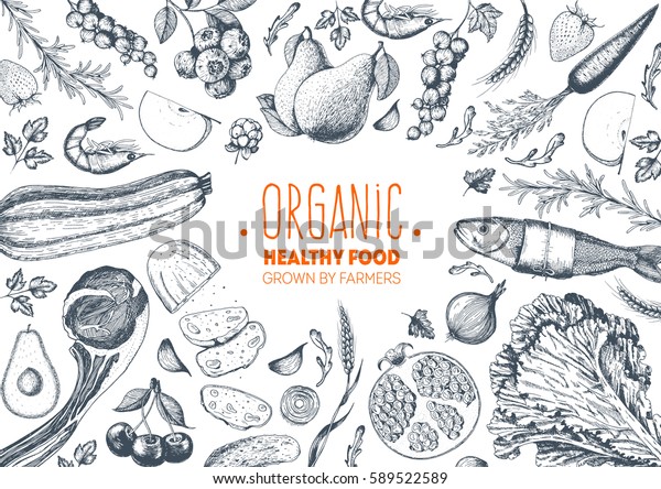 Vegetables, fruits, meat hand drawn kitchen wallpaper Vegetables, fruits, meat hand drawn kitchen wallpaper