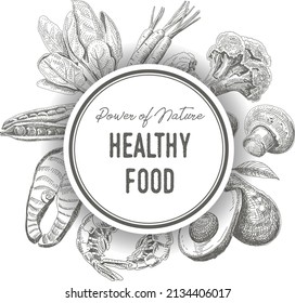 Healthy food frame.Sketchty vector hand-drawn illustration,
