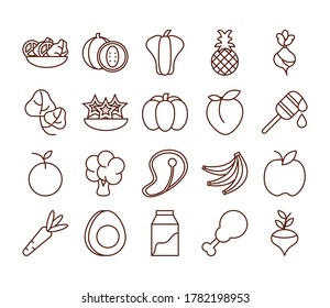 healthy food fresh fruits vegetables and protein ingredient products icons set line style icon vector illustration