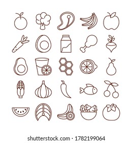 healthy food fresh fruits vegetables and protein ingredient products icons set line style icon vector illustration