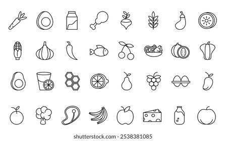Healthy food fresh fruits vegetables and protein ingredient products icons set line style icon Vector	