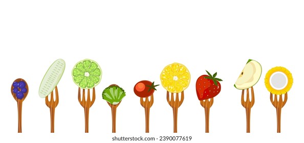 Healthy food fruit salad vector illustration Skewer on a fork, vegetarian food, vitamins and minerals for illustration on a light background, easy to edit.