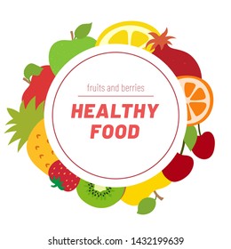 Healthy food. Fruits sketch menu. Round Frame. Color circle. Fresh apple, orange, lemon, pineapple, cherry, strawberry, kiwi, mandarin and garnet. Hand drawn design template. Organic vegan market