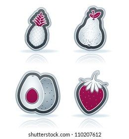 Healthy food - fruits and vegetables icons set, from left to right, top to bottom:  Pineapple, Pear, Avocado, Strawberry.