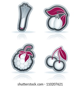 Healthy food - fruits and vegetables icons set, from left to right, top to bottom:  Leek, Plums, Raspberry, Cherries.