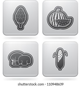 Healthy food - fruits and vegetables icons set, from left to right, top to bottom:  Artichokes, Watermelon, Mushrooms, Corncob.