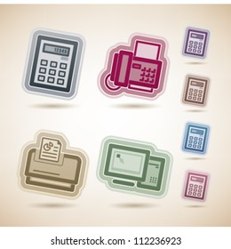 Healthy food - fruits and vegetables icons set, from left to right, top to bottom:  Calculator, Fax Machine, Printer, Dekstop Computer.