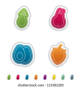 Healthy food - fruits and vegetables icons set, from left to right, top to bottom: Pineapple, Pear, Avocado, Strawberry.