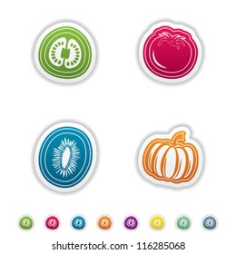 Healthy food - fruits and vegetables icons set, from left to right, top to bottom:   Passiflora edulis (passion fruit), Tomato, Actinidia (kiwi fruit), Pumpkin.