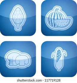 Healthy food - fruits and vegetables icons set, from left to right, top to bottom:  Artichokes, Watermelon, Mushrooms, Corncob.