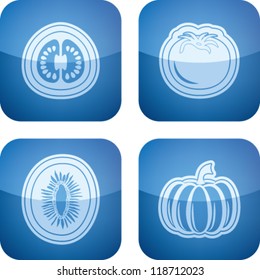 Healthy food - fruits and vegetables icons set, from left to right, top to bottom:   Passiflora edulis (passion fruit), Tomato, Actinidia (kiwi fruit), Pumpkin.