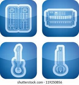 Healthy food - fruits and vegetables icons set, from left to right, top to bottom:  Mixing console, Electronic organs, Electric guitar, Sitar.