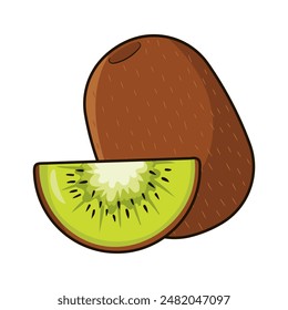 Healthy food full of vitamins or ripe tropical kiwi fruit with a slice in cartoon style, summer fruit for design or print