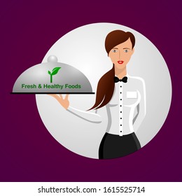 healthy food with girl.Healthy food concept. Vector illustration design. Isolated on purple & pink  background.