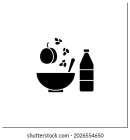 Healthy food glyph icon. Crunchy oat clusters with peach and yogurt for breakfast. High health care level. Dash diet concept.Filled flat sign. Isolated silhouette vector illustration