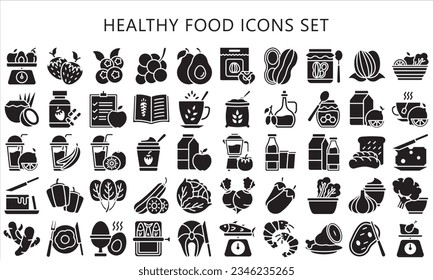 Healthy food glyph icons pack, contain fruit, vegetable, food, meal, salmon, meat, milk and more. use for modern concept, UI or UX kit, web and app. vector EPS 10 ready convert to SVG. svg