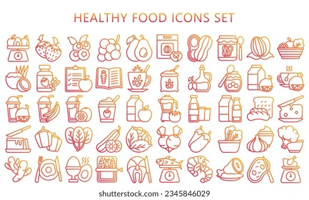 Healthy food gradient outline icons pack. contain fruit, vegetable, food, meal, salmon, meat, milk and more. use for modern concept, UI or UX kit, web and app. vector EPS 10 ready convert to SVG. svg