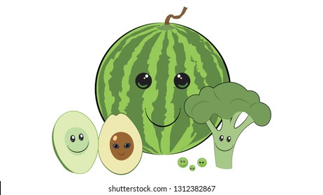 Healthy food green color: broccoli, watermelon, avocado, peas