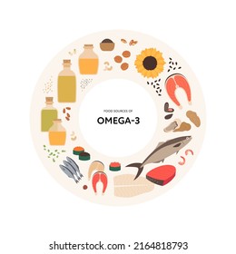 Concepto de guía alimenticia saludable. Ilustración plana vectorial. Infografía de fuentes de vitaminas omega-3. Gráfico de cuadro circular. Aceite colorido, pescado, carne, mariscos, nueces, conjunto de iconos de semillas.