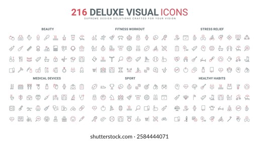 Healthy food and habits, sport training, medical line icon set. Stress therapy, assistance of counsellor and friend in mental health disorder thin black and red outline symbols vector illustration