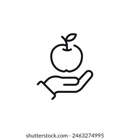 Healthy food. Hand with apple linear icon. Thin line customizable illustration. Contour symbol. Vector isolated outline drawing. Editable stroke