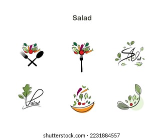 Healthy food hand draw line mascot for salad food logo brand design set vector