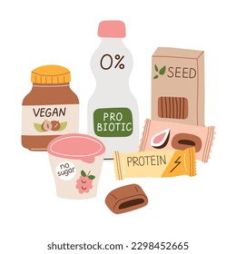 Healthy food hand drawn composition, doodle icons of vegan snacks and drinks, vector illustrations of protein bar, probiotic drink, seed crackers, colored scene on white background