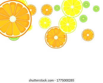 Healthy food hand drawn elements. Fruits. Vitamins. Tropical fruit cut into halves on white.