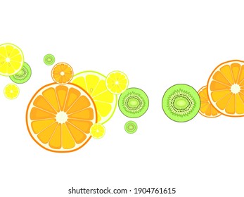 Healthy food hand drawn elements. Fruits. Lemon, orange, kiwi, mandarin. Tropical fruit cut into halves on white.