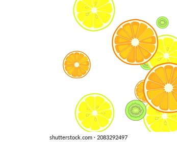 Healthy food hand drawn elements. Fruits. Green kiwi, orange, lemon fruit half-cut slices closeup. Tropical fruit cut into halves on white.
