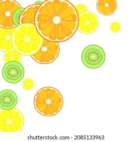 Healthy food hand drawn elements. Fruits. Orange, lemon and kiwi cut in half. Colorful vector background.