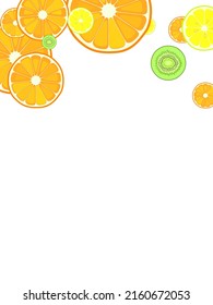 Healthy food hand drawn elements. Fruits. Green kiwi, orange, lemon fruit half-cut slices closeup. Colorful vector background.