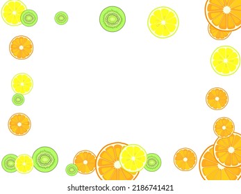 Healthy food hand drawn elements. Fruits. Orange, lemon and kiwi cut in half. Colorful vector background.