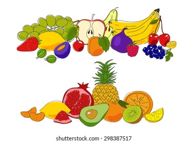Healthy food hand drawn elements. Fruits and Berries. Vitamins. Colorful vector background. Frame. Tropical fruits.