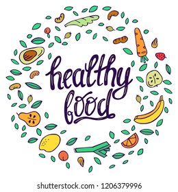 Healthy food hand drawn illustration with elements of fruits and vegetables.