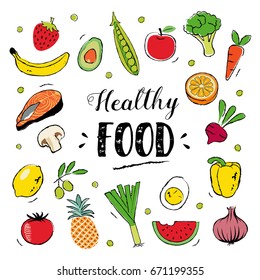 Healthy food hand drawn illustrations and elements fresh market, eco food, vegan menu, natural products for signboards, menu, ads and web designs