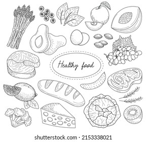 Healthy food hand drawn sketch set. Asparagus, spinach,  fruit, vegetables, meat, fish and eggs.